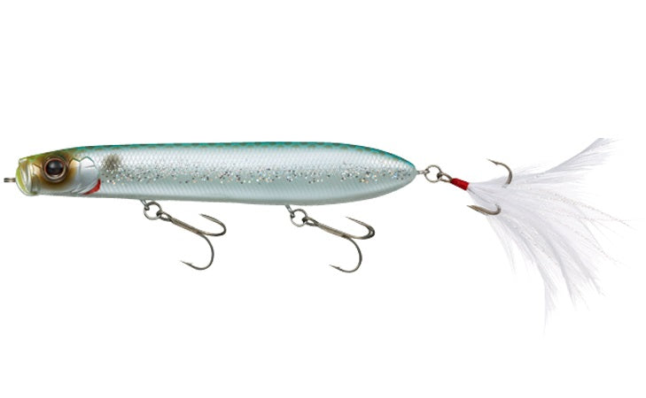 Meet the Evergreen SB-105 Topwater Bait, ideal for bass fishing. This lure boasts a blue-green finish, realistic eyes, two treble hooks, and tail white feather details to attract fish effectively.