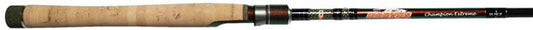 Close-up of the Dobyns Champion Extreme 7'6" Medium Heavy Spinning Rod DX 764 SF, showcasing a cork handle with black and green accents that perfectly match its medium-heavy design. The visible Dobyns branding adds finesse.