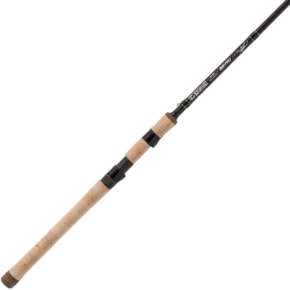 Introducing the G. Loomis IMX-PRO 822S SYR Spinning Rod - Shaky Head by americanlegacyfishing, featuring a sleek design with a cork handle and a black graphite body. This functional rod includes spaces for line guides and detailed text specifications near the handle, making it ideal for techniques like shaky head fishing.