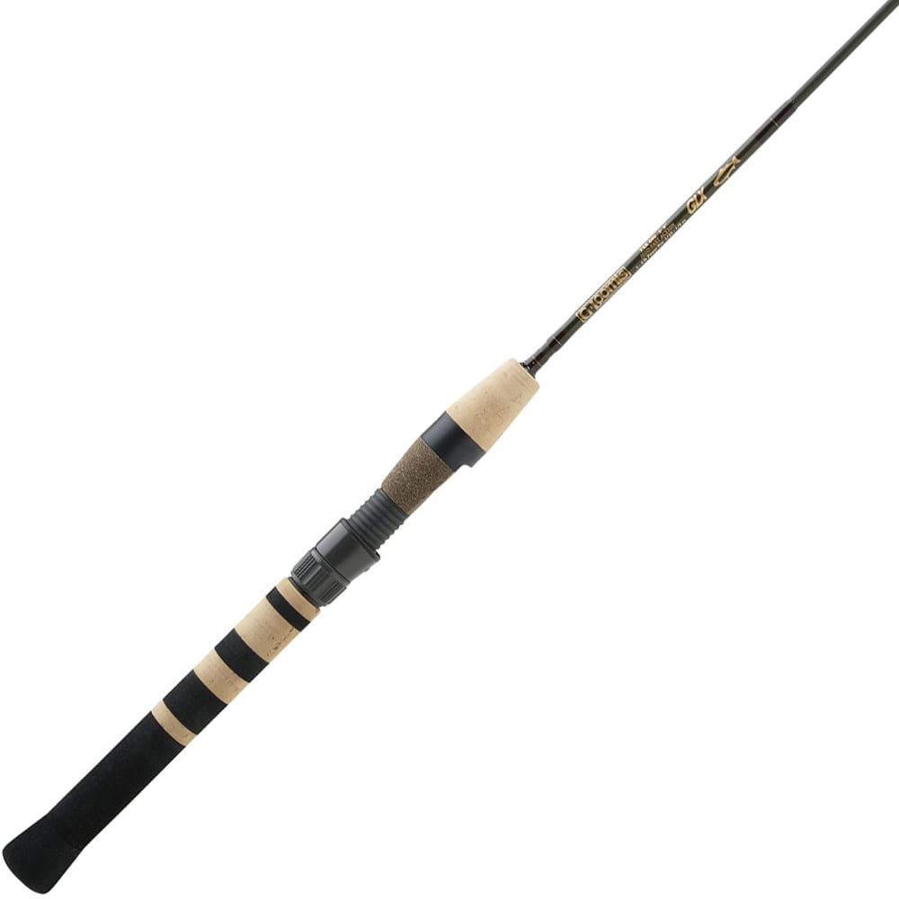 The G. Loomis Trout/Panfish Spinning Fishing Rod TSR690S GLX by americanlegacyfishing features a black and beige handle with textured grip. Its ultra-light, sleek design is perfect for angling trout or panfish, offering a minimalist, modern appearance.