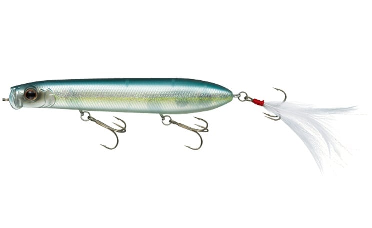 The Evergreen SB-125 Topwater Bait by Evergreen is a sleek, blue and silver fishing lure with an elongated body, featuring two treble hooks and feather hooks. Designed to mimic a small fish, it includes a white feather at the end for enticing big catches near the surface.