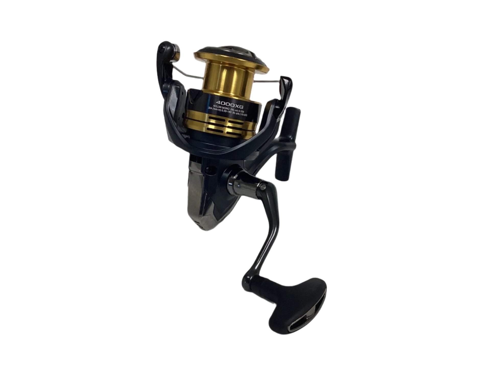 A Shimano Sahara FJ SH4000XGFJ black and gold spinning reel, mint condition, with a side crank handle is positioned vertically against a white background. Trade in your used gear for great store credit through our rod and reel trade-in program.