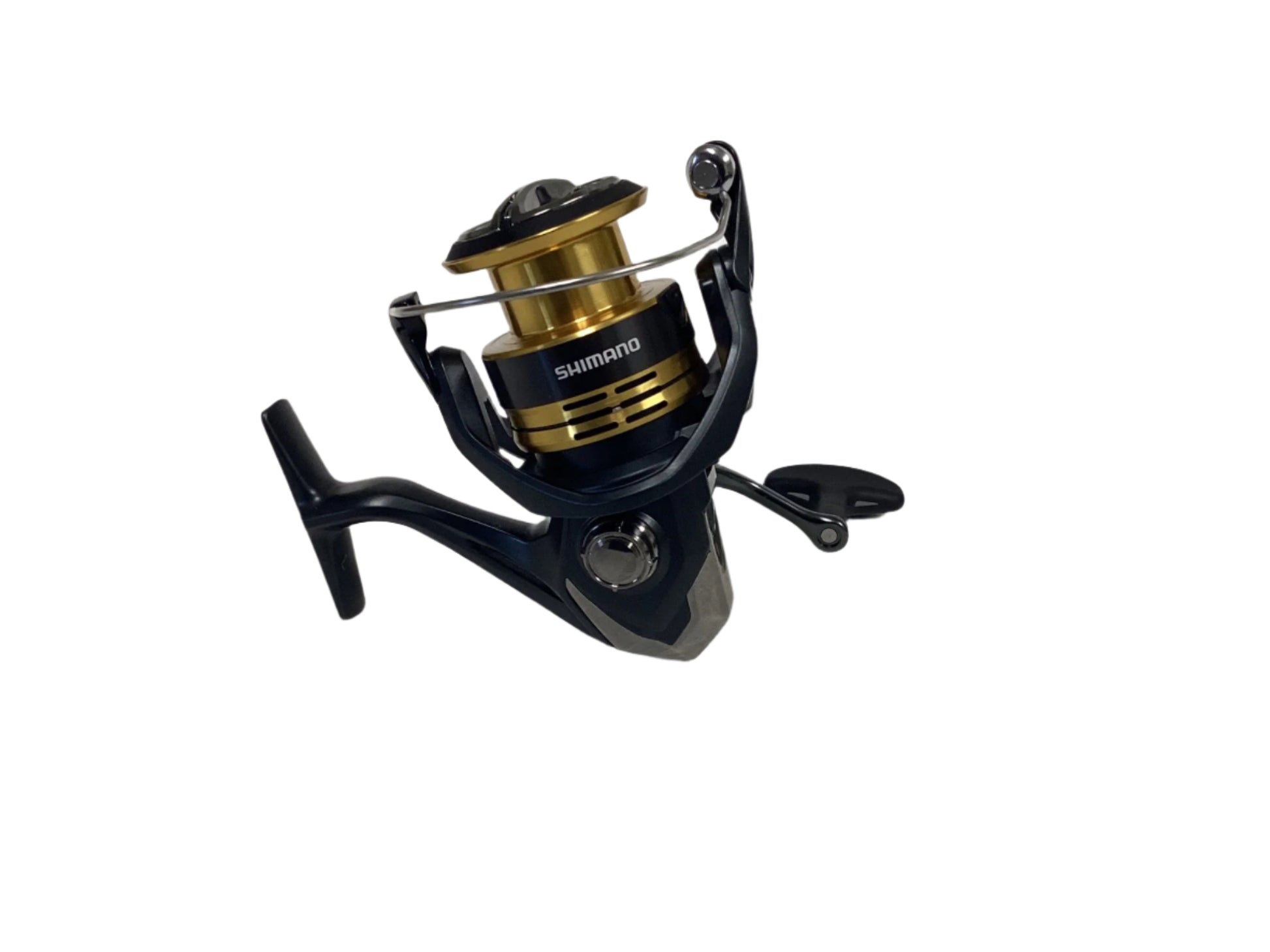 A Shimano Sahara FJ SH4000XGFJ spinning reel in mint condition, with a black and gold color scheme, appears against a white background. Perfect for our rod and reel trade-in program, it features a side handle and "Shimano" branding on the spool.