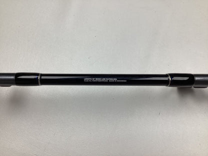 A close-up of the Shimano Terez BW Full Roller Uni Butt Rod handle, ideal for our Rod and Reel Trade-In Program. Text: "Length: 6'6" Line: 3-8 lb, Lure: 1/16-1/4 oz, Made in Indonesia." It features two grips against a white background.