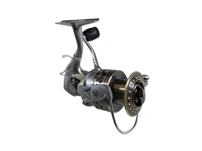 The Pflueger Supreme SUPSP40, a used spinning reel in fair condition, features a silver glossy finish with a crank handle, wire bail, and spool. It has black and gold accents and is ideal for our Rod and Reel Trade-In Program to earn store credit.