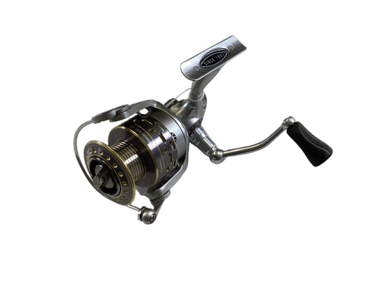 The Pflueger Supreme SUPSP40, a silver spinning reel with a black handle and gold accents, features a visible mechanism against a white backdrop. This used reel in fair condition may qualify you for store credit in our Rod and Reel Trade-In Program under the Used Gear Condition policy.