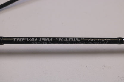 A close-up of the Breaden Glamour Rockfish Trevalism Kabin 506 TS-tip Ultra Light Rod, labeled "Cast Wt. 0-5g, Line MONO 3lb/PE 0.3," perfect for anyone considering new gear through our Rod and Reel Trade-In Program.