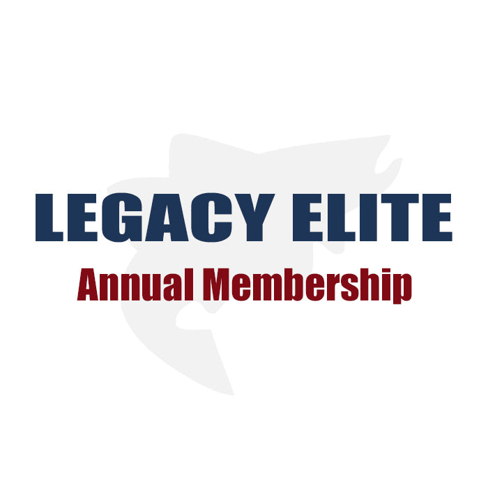 The text displays "americanlegacyfishing: Legacy Elite Annual Membership" in large blue letters, with "Membership Benefits Include Reward Points" in smaller red letters below. The design is set against a white background with a subtle abstract gray shape behind the text.