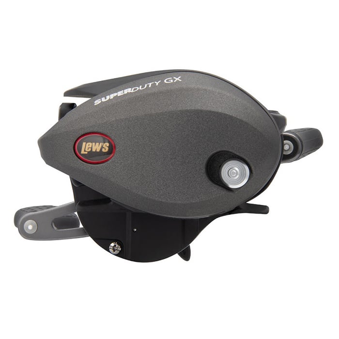 The Lew's Super Duty GX3 6.5:1 Casting Reel (SDGX3H) from American Legacy Fishing features a compact black and silver design, sturdy black handle with ergonomic grips, and displays the model name prominently on the side.