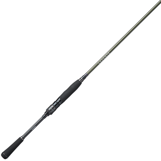 The Megabass Levante Whipsnake 6'11" Light Spinning Rod by americanlegacyfishing features a sleek black handle and a long, slender design, reflecting minimalist elegance. This lightweight rod is ideal for enthusiasts against a crisp white backdrop.