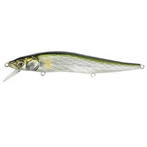 The Megabass Vision 110 Jerkbait by Megabass is a fishing lure designed for realism, featuring a silvery, reflective body and dark green back. It boasts a slender shape, detailed scale patterns, life-like eyes, and Katsuage Out-Barb Trebles to improve performance during dives.