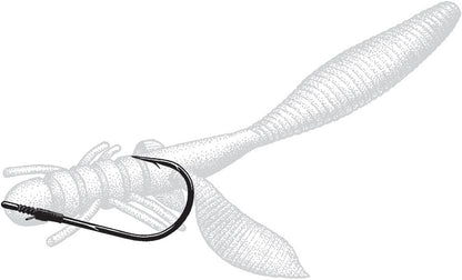 The Owner Jungle Flipping Hook illustration shows a soft plastic bait mimicking a segmented grub with a curled tail. Made with Zo-Wire™ for strength, its translucent body and Super Needle Point guarantee precise, reliable performance.