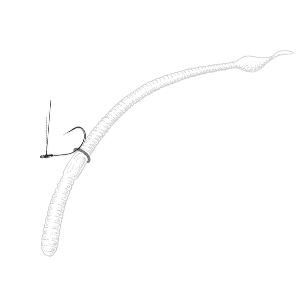 The image showcases an Owner Weedless Sniper Finesse Neko Hook expertly threaded through an earthworm. The hook pierces the worm near the top, creating a graceful curve downward then upward. Against the plain white background, the titanium weedguard is subtly visible, promising a seamless and efficient catch.