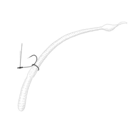 The image showcases an Owner Weedless Sniper Finesse Neko Hook expertly threaded through an earthworm. The hook pierces the worm near the top, creating a graceful curve downward then upward. Against the plain white background, the titanium weedguard is subtly visible, promising a seamless and efficient catch.