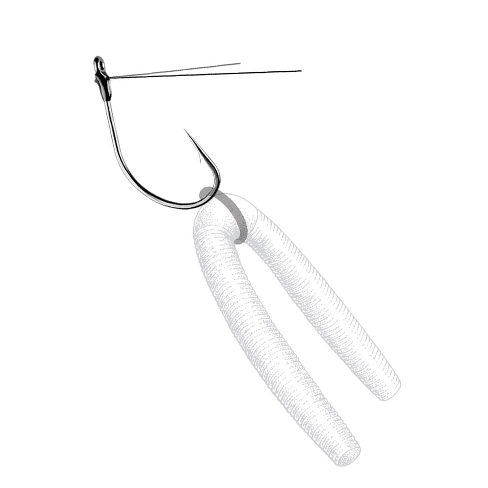 Illustration of the Owner Weedless Sniper Finesse Neko Hooks, featuring a unique design with two needle-like ends resembling a mustache. The titanium weedguards form the tips of the 'mustache,' while the hook itself serves as central support. Presented against a plain white background for clear visibility.