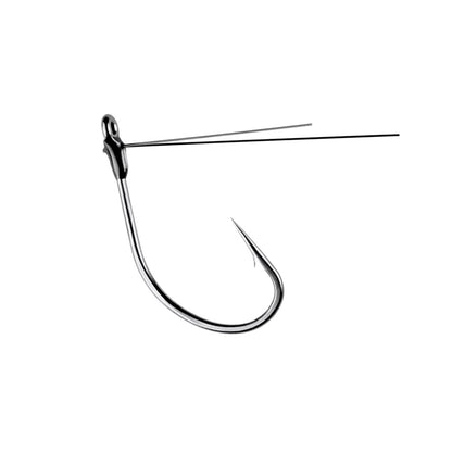 The Owner Weedless Sniper Finesse Neko Hook, featuring a shiny silver finish with a sharp point and straight shank, is displayed against a white background. Two thin strands extend from the top, emulating guides used in the Neko Style fishing technique.