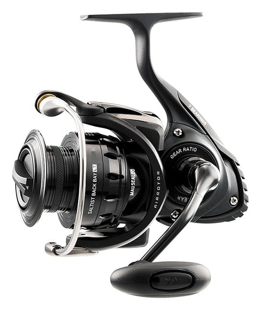 Close-up of the Daiwa Saltist Back Bay 4000LT 5.7:1 Spinning Reel (STTBB4000LT) in black and silver, showcasing its HARDBODYZ design and Magsealed technology. Features include textured grips, metallic highlights, plus visible handle, spool, and gear ratio markings. Ideal for saltwater fishing.