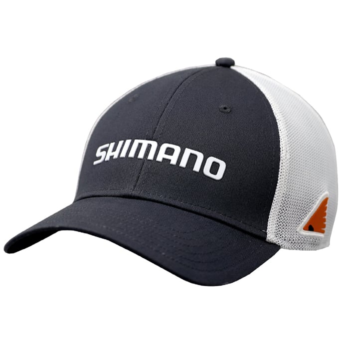 This Shimano Texas State Redfish Cap features the brand logo in white on a black and white cap, with a breathable mesh back and a distinctive orange side tag, combining style and comfort.