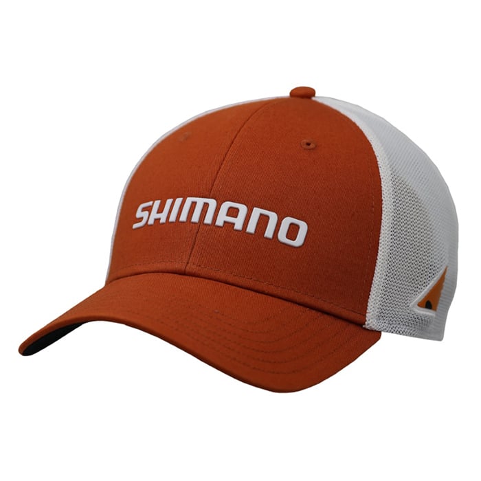 The Shimano Texas State Redfish Cap is red-orange with a white mesh back, featuring "SHIMANO" in bold white letters on the front and a small white and orange logo on a side triangular patch.