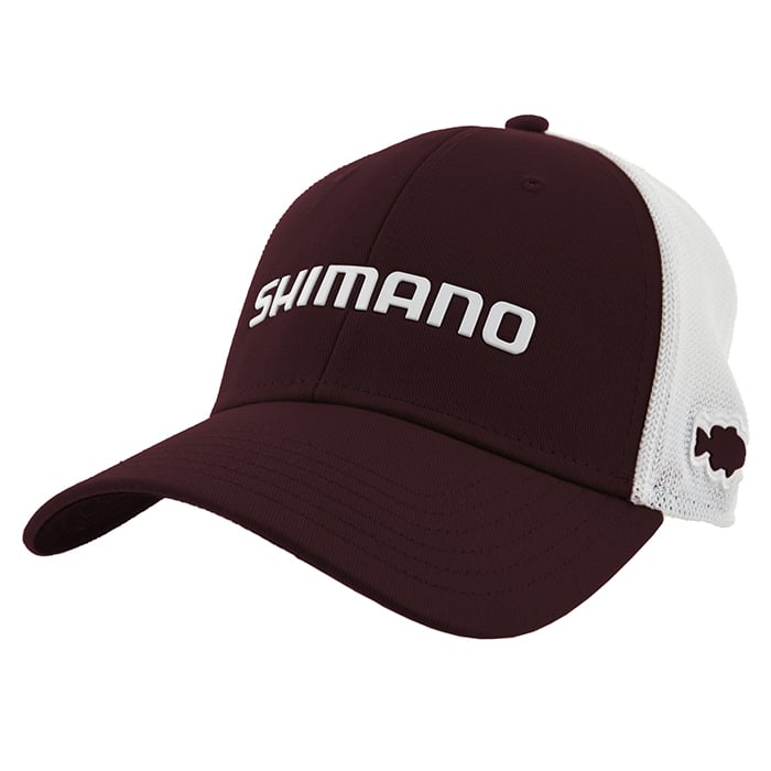 The Shimano Texas State Redfish Cap, a performance trucker hat, features a burgundy and white design with the Shimano logo on the front. It offers breathability with its mesh back and includes a small fish silhouette on the side, blending style and functionality.