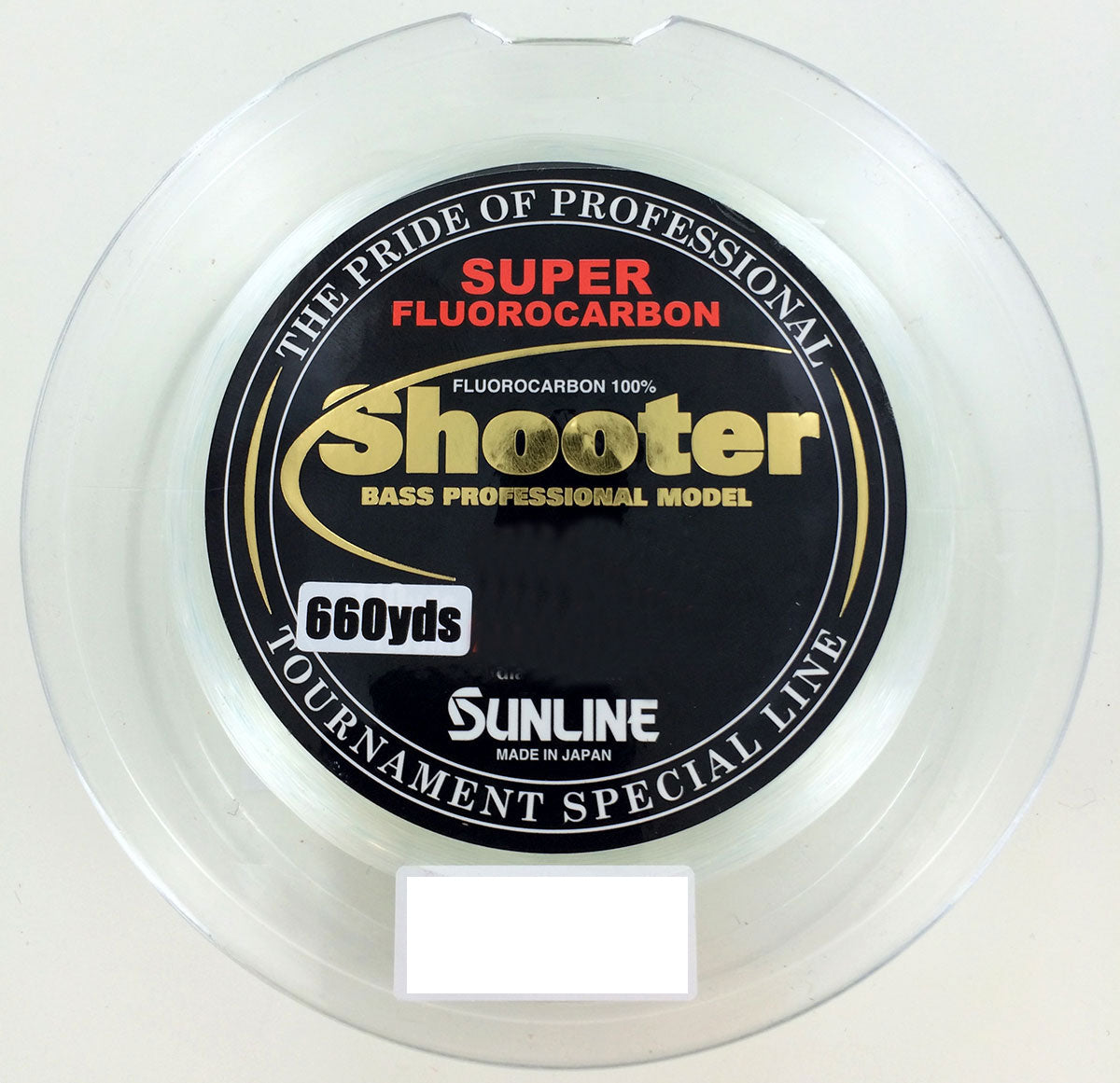 The Sunline Shooter Fluorocarbon Line 660yd Spool by Sunline is labeled "The Pride of Professional" and "Tournament Special Line." Made in Japan, this premium super fluorocarbon fishing line is crafted with finesse for serious anglers.