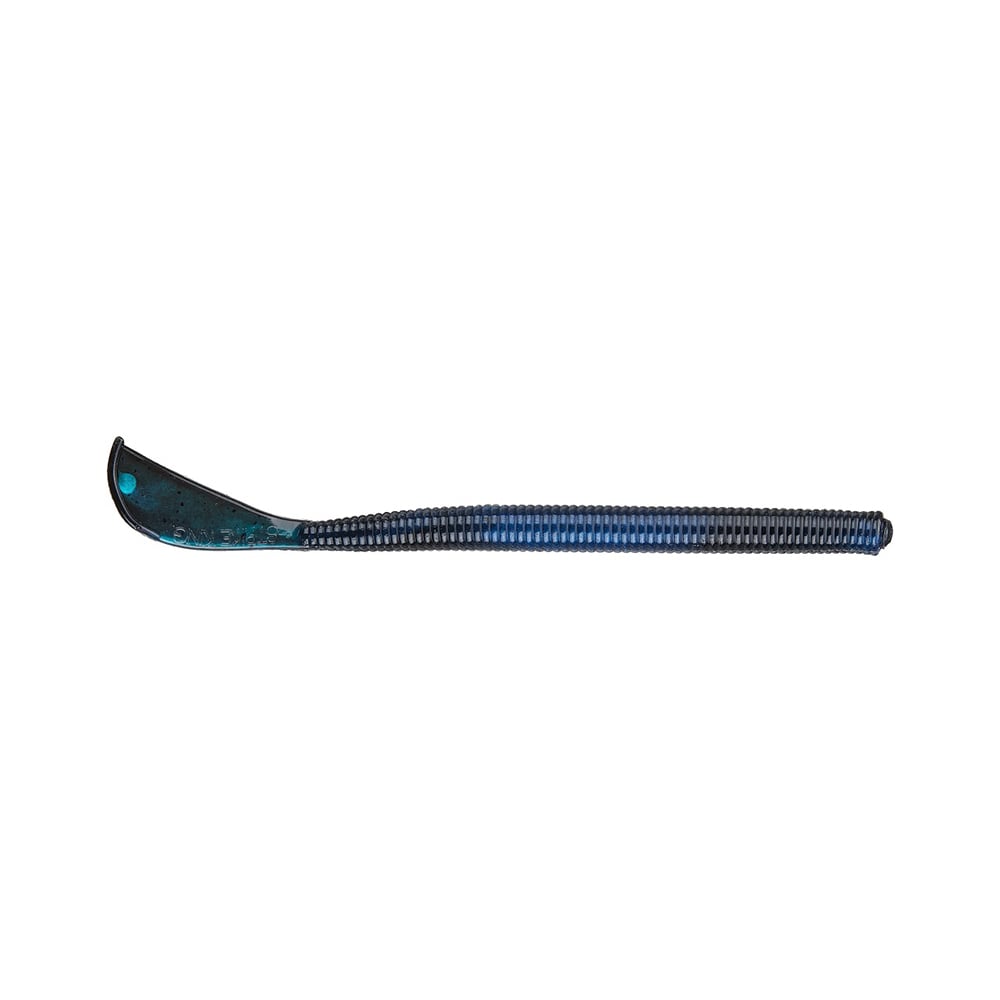 The Strike King Rage Cut R Worm, by Strike King, features a unique tail design. Its flexible blue plastic body ends with a curved black scraper. Complete with ribbed details for efficient cleaning or scraping, it perfectly blends practicality and innovative style.