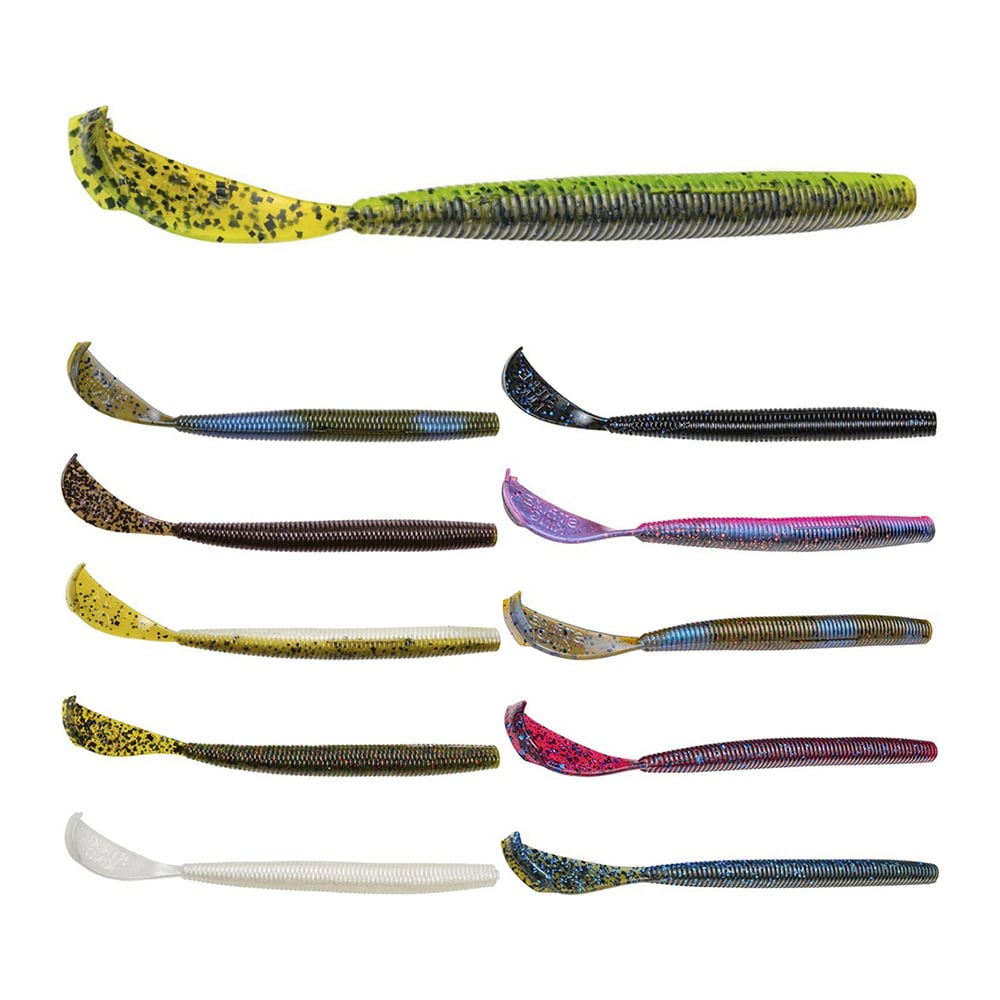 The Strike King Rage Cut R Worm features a pack of 11 soft plastic lures with unique tail designs in vibrant yellow, green, and pink. Their elongated, ribbed bodies and curved tails make them irresistible to fish.