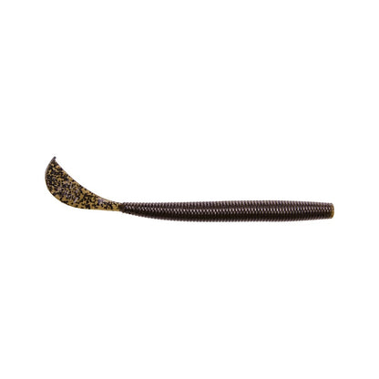 The Strike King Rage Cut R Worm, a premium lure by Strike King, features a coiled handle with a shiny, speckled spoon and an exclusive textured, segmented tail design with a contrasting color pattern.