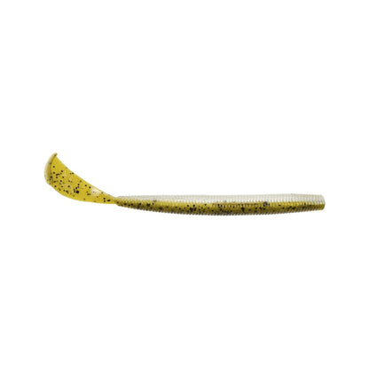 The Strike King Rage Cut R Worm by Strike King features a unique tail design with a ribbed body and curved paddle tail in translucent yellow with black speckles.