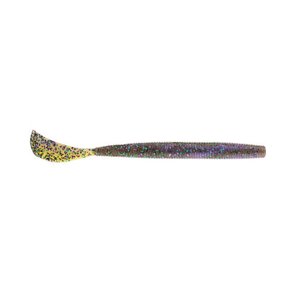 Introducing the Strike King Rage Cut R Worm, a soft plastic bait with a unique tail. This fishing lure features a ribbed body and curved tail in vibrant green, yellow, black, and iridescent glitter on a plain white background.