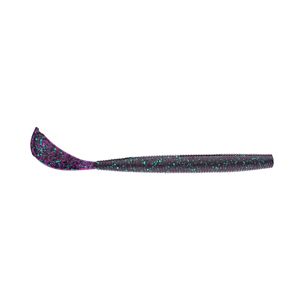 The Strike King Rage Cut R Worm, a soft plastic bait by Strike King, features an exclusive tail design and textured, tapered body. Its dark base color with purple and blue glitter effectively mimics small fish or creatures in water.