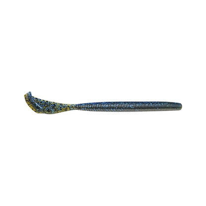 A close-up of a toothbrush with a glittery blue handle and yellow bristle accents, resembling soft plastic bait, lays horizontally on a white background. Its side profile showcases an exclusive tail design similar to the Strike King Rage Cut R Worm by Strike King.