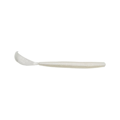 The Strike King Rage Cut R Worm, made by Strike King, offers a white plastic design with a textured handle and exclusive tail design. Its curved, slightly cupped head adds to its simple, functional appeal.