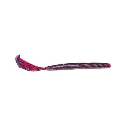 The Strike King Rage Cut R Worm lure is a soft plastic bait with a unique curved, ribbed design and vibrant pink, purple, and blue pattern. It tapers to one end with an exclusive tail for enticing movement in the water.