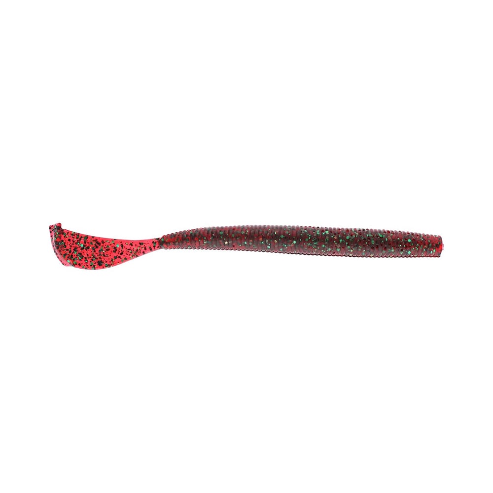 Presenting the Strike King Rage Cut R Worm by Strike King, a top-tier soft plastic lure in vibrant red with black speckles. Its unique tail design superbly imitates small baitfish, offering an enticing appeal on every cast.