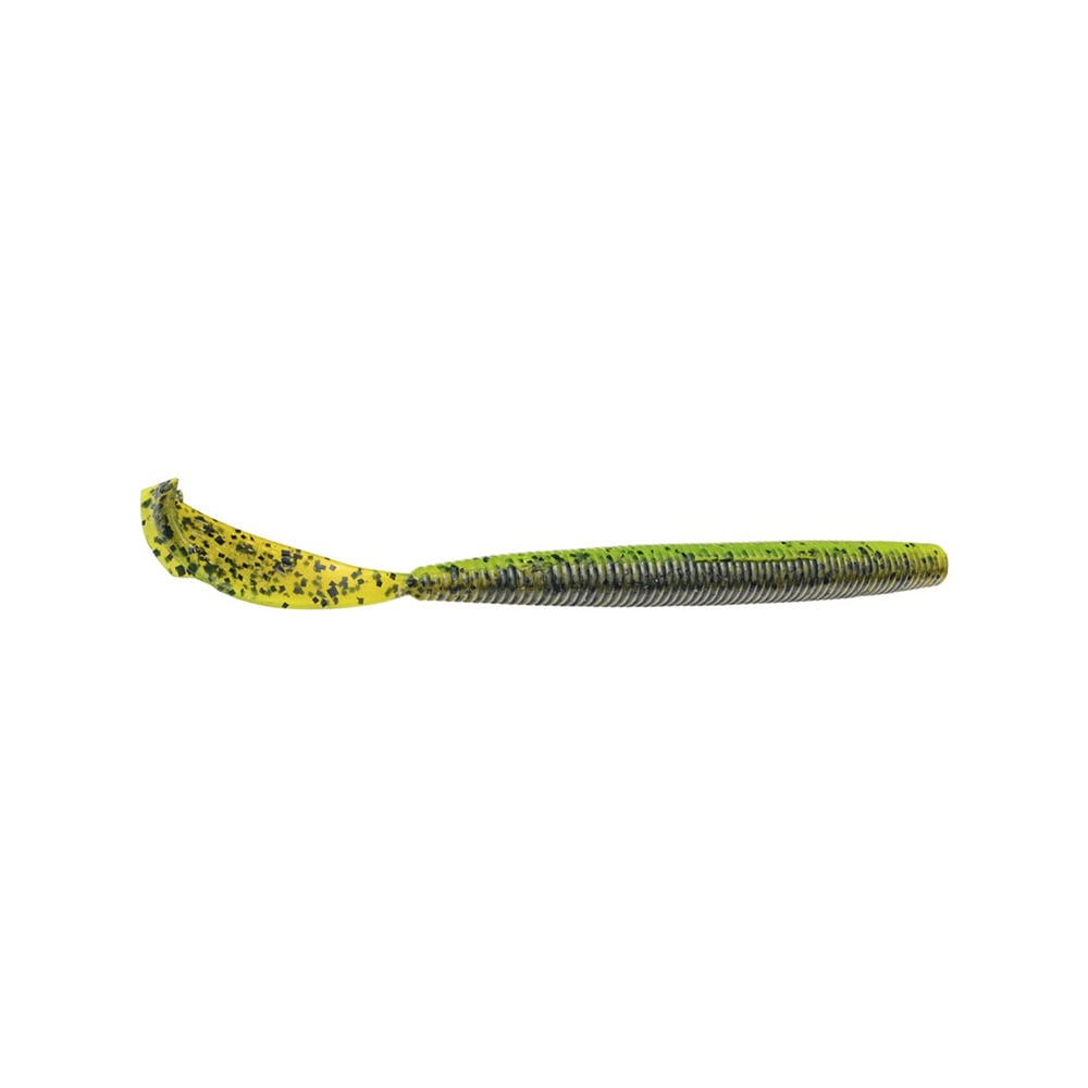 The Strike King Rage Cut R Worm, by Strike King, is a soft plastic lure shaped like a worm with a yellow body and black speckles. It features a ribbed texture and exclusive wavy tail design for realistic bait mimicry, set against a plain white background.