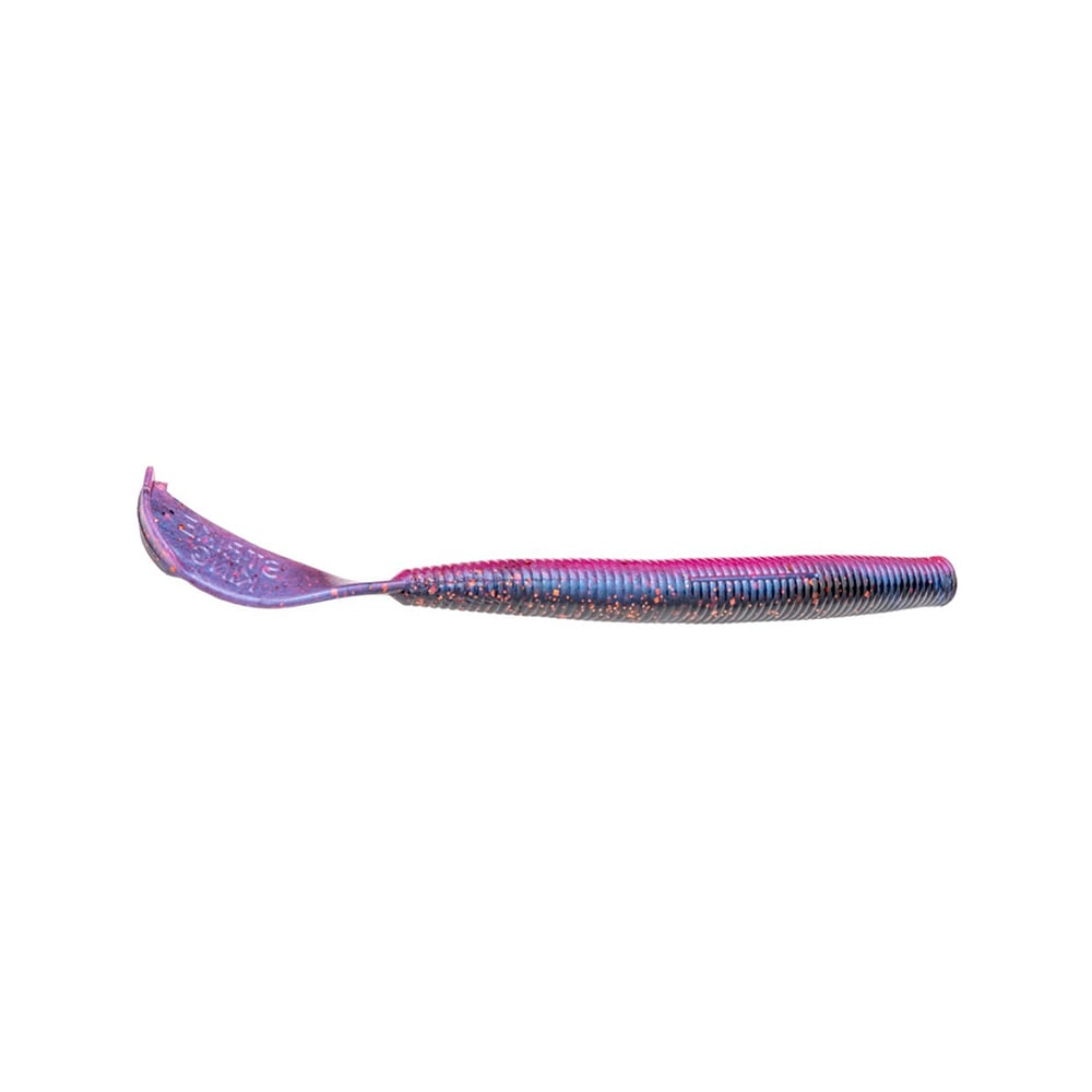 The Strike King Rage Cut R Worm features a colorful, metallic, curved design with a textured handle and flat perforated end. Its exclusive tail is ideal for gripping or manipulation, while the iridescent finish showcases shades of pink, purple, and blue.