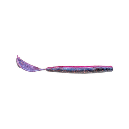 A vibrant, iridescent, metallic letter opener with a curved blade and textured handle, showcasing an exclusive design like the tail of Strike King's Rage Cut R Worm, displayed on a white background.