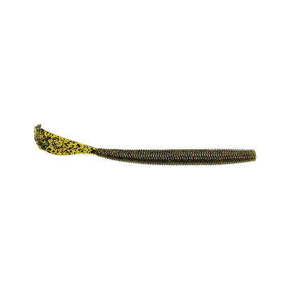 The Strike King Rage Cut R Worm, a soft plastic bait, features a unique tail design and ribbed body with a curly tail. It has a dark green body with small red flecks and a yellow tail with black spots, set against a plain white background to enhance its allure.