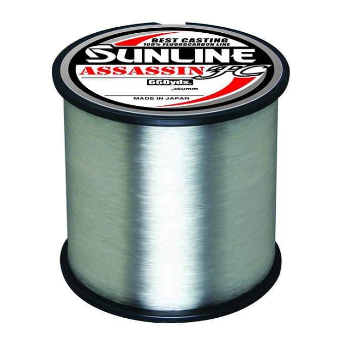 Sunline's Assassin FC 660yd Clear line, made in Japan, is celebrated for its excellent casting capabilities and abrasion resistance. This product features Pion Technology and comes in a sleek silver design with a bold black and white label accented by striking red text. With a diameter of 0.260mm, it maintains the high-quality standards expected from the Sunline brand.