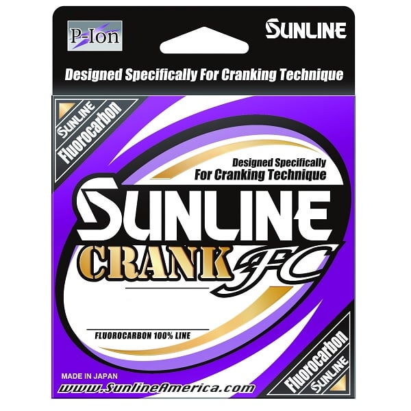 The Sunline Crank FC Fluorocarbon 660yd, in a purple and black package, highlights its crankbait design with "Fluorocarbon 100% Line" and "P-Ion Technology." Displaying the iconic Sunline logos, it is proudly "Made in Japan.