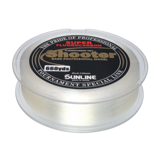 Sunline presents its Shooter Fluorocarbon Line 660yd Spool, a Bass Professional Model featuring Super Fluorocarbon for exceptional performance. The transparent spool is styled with black, gold, and white text.