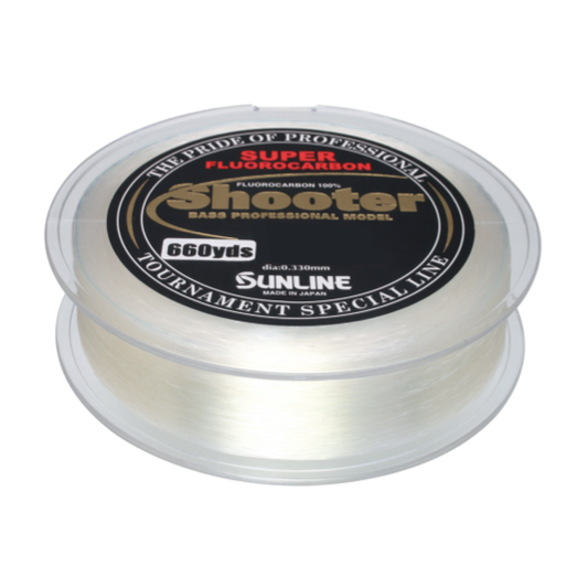 Sunline presents its Shooter Fluorocarbon Line 660yd Spool, a Bass Professional Model featuring Super Fluorocarbon for exceptional performance. The transparent spool is styled with black, gold, and white text.