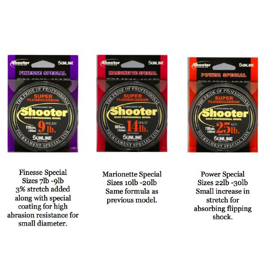 Three packages of Sunline's Shooter Fluorocarbon Line cater to various fishing needs. From left: the Finesse Special ranging from 7lb to 9lb, the Marionette Special between 10lb and 20lb known for its excellent abrasion resistance, and the Power Special at 22lb to 30lb designed for use in heavy cover applications, all engineered for optimal line resistance and flexibility.