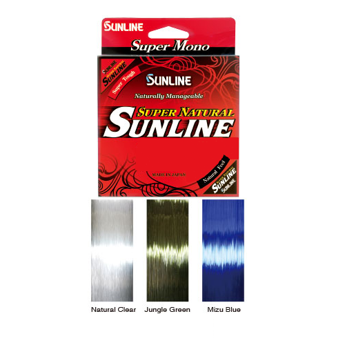 The Sunline Super Natural monofilament fishing line packaging displays images in Natural Clear, Jungle Green, and Mizu Blue. It features a red and black design with swirling patterns, branding text, and highlights its UV protection benefits.