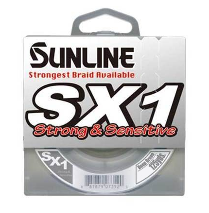 The image showcases a 125-yard package of Sunline SX1 Braid from the brand Sunline, known as the "Strongest Braid Available" for impressive abrasion resistance. It features a 12 lb test strength and emphasizes its "Strong & Sensitive" design for enhanced casting distance.