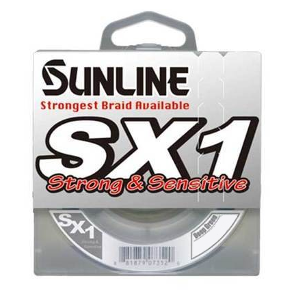 The Sunline SX1 Braid 250yd packaging highlights "Strong & Sensitive" and boldly claims "Strongest Braid Available" in red text. Crafted with ULT-PE material, it offers outstanding abrasion resistance, making it an excellent choice for anglers seeking reliability.