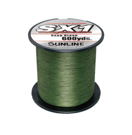 A black cylindrical spool features the product "Sunline SX1 Braid 600yd" and is labeled as offering a durable and smooth fishing experience with stress-free casting and superb abrasion resistance. Proudly made in Japan, this deep green fishing line is from the Sunline brand and claims to be the strongest braid available.