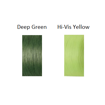 Two vertical rectangles display Sunline SX1 Braid 125yd swatches with enhanced abrasion resistance. The left features a "Deep Green" hue, and the right showcases "Hi-Vis Yellow," a bright yellow-green shade.