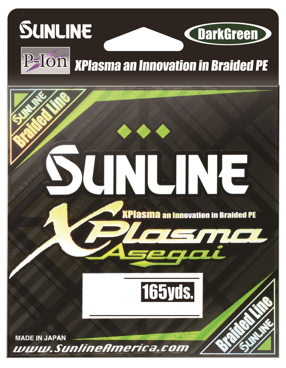 The packaging for Sunline Xplasma Asegai Braided Line 165yd highlights P-Ion and Xplasma technology, features a dark green color, and consists of premium eight-strand PE. It's made in Japan by Sunline with branding and website details included.